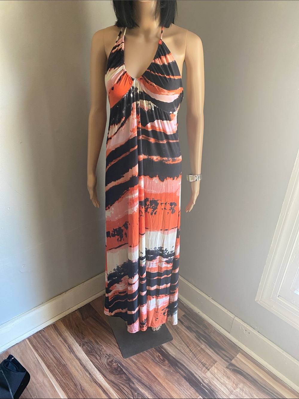Love Stitch Halter Maxi Dress in Black, Coral & White
